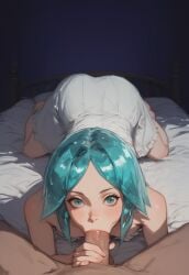 1boy 1girls ai_generated aqua_eyes aqua_hair ass bangs bare_arms bare_shoulders bed bedroom collarbone crystal_hair deepthroat dress eye_contact female female_focus houseki_no_kuni indoors land_of_the_lustrous large_penis looking_at_viewer lying lying_on_bed lying_on_stomach oral phos phosphophyllite pov_crotch pov_male shiny_hair short_hair small_breasts strapless testicles veiny_penis white_dress