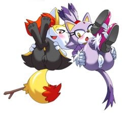 2girls anus blaze_the_cat blush braixen clothing coolblue exposed_torso felid feline felis female female_only footwear fur furry furry_only handwear nintendo pokémon_(species) pokemon pokemon_(species) purple_hair pussy sonic_(series) tail