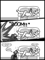 2025 2_horns 4_fingers amphibian anthro armor balls barely_visible_balls barely_visible_genitalia barely_visible_penis book breastplate caspar_(ultilix) casual_nudity claws clothing comic demon dialogue duo english_text explosion eyebrows finger_claws fingers frog furniture genitals horn lying male nude on_back on_sofa onomatopoeia penis raised_eyebrow reading shirt shoulder_pads smoke sofa sound_effects speech_bubble text to-be-named-later toe_claws topwear ultilix