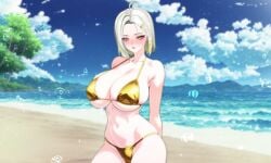 1girls beach droplets female gold_bikini green_eyes green_hair light-skinned_female light_skin lingerie sea seaside seldea shiny_clothes sunlight sunny tagme white_hair yellow_eyes