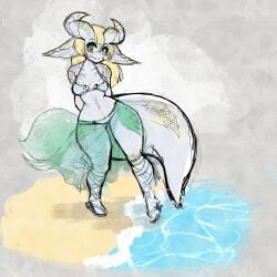 ass beach big_ears big_tail bikini blonde_hair blush bra braid braided_hair dragon drake_(disambiguation) fat_ass furry gold_(metal) green_eyes grey_skin horn horns hourglass_figure pinup sand sandals scalie seaside small_breasts tail thick_thighs thighs veil water white_skin