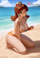 1girls 2d ai_generated bangs bare_shoulders barefoot beach bikini_bottoms blue_eyes breasts brown_hair cleavage crown earrings erophoenix feet jewelry large_ass large_breasts long_hair looking_at_viewer mario_(series) nintendo nipples ocean outdoors pale_skinned_female patreon_username princess_daisy sitting smile solo super_mario_bros. super_smash_bros. sweat toes uncensored v_arms