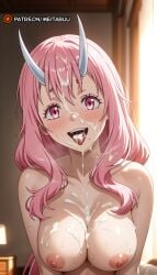 :d after_fellatio ai_generated artist_name backlighting bedroom blurry blurry_background blush breasts breasts_squeezed_together bukkake collarbone completely_nude cum cum_in_mouth cum_on_body cum_on_breasts cum_on_hair cum_on_tongue cumdrip curtains depth_of_field eyelashes facial fangs female hair_between_eyes horns indoors lamp large_breasts light_particles long_hair looking_at_viewer meitabuu mole mole_on_breast mole_under_mouth nipples nude oni open_mouth patreon_logo patreon_username pink_eyes pink_hair shuna_(tensei_shitara_slime_datta_ken) smile solo sunlight sweat teeth tensei_shitara_slime_datta_ken that_time_i_got_reincarnated_as_a_slime tongue tongue_out upper_body upper_teeth_only very_long_hair web_address white_horns window