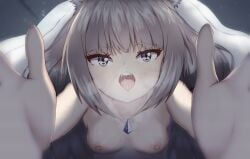 1girls core_crystal fangs female green_hair imminent_kiss looking_at_viewer moe_rils nia nia_(blade) nintendo nipples open_mouth pov reaching_towards_viewer small_breasts tongue tongue_out under_sheets xenoblade_(series) xenoblade_chronicles_2 yellow_eyes