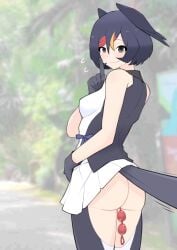 anal anal_beads anal_object_insertion ass backless_pants barn_swallow_(kemono_friends) bird_girl bird_tail bird_wings black_eyes black_gloves black_hair black_pantyhose black_shirt black_wings blonde_hair blurry blurry_background blush breasts closed_mouth commentary cowboy_shot english_commentary feathered_wings female flying_sweatdrops gloves head_wings highres illu_(illu_stratos) index_finger_raised kemono_friends looking_at_viewer looking_back masturbation medium_breasts multicolored_hair no_panties object_insertion pants pantyhose pleated_skirt public_indecency public_masturbation sex_toy shirt short_hair skirt sleeveless sleeveless_shirt smile solo tail tree two-tone_shirt white_shirt white_skirt wings