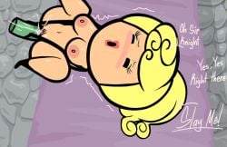 black_eyes black_limbs blonde_female blonde_hair blushing cyan_eyeshadow cyanide_and_happiness edit edited_official_artwork female female_only fucking_self japansadface knees_bent long_eyelashes pink_areola pink_lips pink_nipples princess purple_bed solo_female squirting_on_penis stone_floor text toy_penis using_dildo white_female