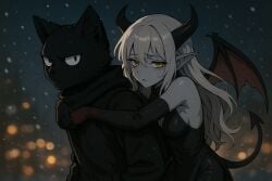 1boy 1girls ai_generated anime black_dress black_fur blue_skin bokeh feline furry hoodie hugging_from_behind lambai11 lights pointy_ears real_life sfw snow succubus succubus_horns succubus_tail succubus_wings white_hair yellow_eyes