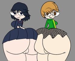 2girls alternate_version_available ass ass_focus atlus big_ass big_breasts black_eyes black_hair bottomless bottomless_skirt breasts brown_eyes brown_hair clothing female female_focus female_only from_behind jacket kill_la_kill looking_at_viewer looking_back matoi_ryuuko no_panties persona persona_4 pussy satonaka_chie school_uniform schoolgirl short_hair skirt smile thick thick_ass thick_thighs tomboy wynflex