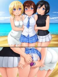 3girls anal anal_object_insertion ass beach black_shirt blonde_hair blue_eyes blue_skirt blush bottomless breasts brown_hair cowboy_shot day dildo dildo_in_ass dress female female_only harmonist11 highres jewelry kairi kingdom_hearts light-skinned_female light_skin looking_at_viewer miniskirt multiple_girls namine object_insertion outdoors panties pleated_skirt red_hair sex_toy shirt short_hair skirt smile square_enix trembling underwear vaginal_object_insertion vaginal_penetration water white_dress white_panties xion yuri