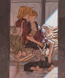 ac120 age_difference blonde_hair blowjob closed_eyes clothed ffm ffm_threesome incest kissing large_breasts lillia_greyrat maid mother mushoku_tensei red_hair rudeus_greyrat size_difference step-incest stepmother teenage_boy teenager threesome young zenith_greyrat