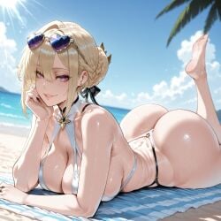 ai_generated ass ass_focus beach beach_towel big_breasts blonde_hair evelyn_chevalier laying_on_stomach mirror_image purple_eyes sexy thick_ass