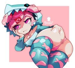 1female 1girls anus anus_peek ass butt doki_doki_literature_club female female_pubic_hair lewdwh_alt natsuki_(doki_doki_literature_club) necklace pink_eyes pink_hair pubic_hair two_tone_background
