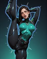 ahe_gao ahe_gao ahegao_face ai_generated eyes_half_open eyes_rolled_back eyes_rolling_back standing standing_on_one_leg standing_split sweat sweating tongue tongue_out twitching valorant viper_(valorant)