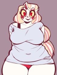 artiah669 belly belly_bulge belly_button belly_overhang big_breasts blonde_female blonde_hair blush charlie_morningstar charlie_morningstar_(hazbin_hotel) chubby chubby_belly chubby_female chunky hazbin_hotel loose_clothes loose_shirt overweight red_eyes red_panties red_underwear thick_thighs
