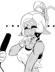 ... breasts cleavage closed_eyes gloves greyscale inkling mechanic_(splatoon_raiders) microphone moodyrover nintendo pointy_ears splatoon splatoon_raiders tentacle_hair thinking