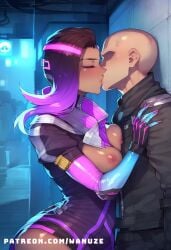 ai_generated bald big_ass big_breasts big_butt big_thighs blush bodysuit dark-skinned_female dark_skin faceless_male huge_ass huge_breasts huge_butt huge_thighs kissing light-skinned_male light_skin multicolored_hair muscular muscular_male overwatch purple_eyes sombra wanuze wide_hips