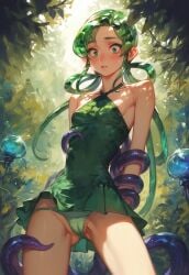 1girls ai_generated arms_behind_back ass_visible_through_thighs bare_legs blue_tentacles cameltoe collarbone crystal_hair dress foliage forest forest_background green_eyes green_hair green_panties hair_rings halter_dress halterneck houseki_no_kuni imminent_rape jade_(land_of_the_lustrous) land_of_the_lustrous long_hair looking_down outdoors panties parted_lips plant pleated_dress restrained restrained_by_tentacles shiny_hair short_dress sideboob small_breasts small_panties standing tentacle tentacles_around_arms tentacles_around_legs thigh_gap tied_hair tree wide_eyed