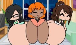 3girls ass ass big_ass big_butt brown_hair brown_skin gacha gacha_life hair hair_tie indoors jessica_(irongutz) marie_(irongutz) necklace rei_(irongutz) squish white_hair