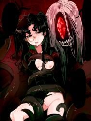 amon_(lord_of_the_mysteries) black_eyes black_hair breasts chinese_commentary commentary_request disgust female genderswap_(mtf) highres kikinotamai lord_of_the_mysteries monocle monster nipples open_mouth parted_bangs pussy restrained rule_63 sharp_teeth slime_(substance) small_breasts teeth tentacle torn_clothes twintails white_hair