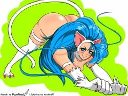 blue_hair cat_ears cat_girl cat_humanoid cat_tail catgirl darkstalkers felicia_(darkstalkers) jack-o_pose looking_at_viewer pashapencil paws smile smiling_at_viewer tardan07 white_fur
