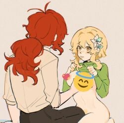 blonde_hair censored couple diluc_(genshin_impact) female genshin_impact hoyoverse loving_couple lumine_(genshin_impact) male red_eyes red_hair video_game video_game_character video_games