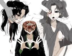 3boys black_eyes black_hair blood blood_drip breasts chinese_commentary cleavage commentary_request cum decapitation disembodied_head ero_guro female guro heart heart_hands highres holding_detached_head kikinotamai long_sleeves lord_of_the_mysteries male multiple_boys necrophilia nipples oerba_yun_fang open_mouth organs penis penis_in_eye severed_head simple_background skull_fucking small_breasts solo_focus split_head straight tongue tongue_out transverse_plane_cutting white_background