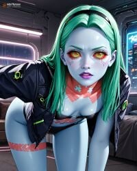 ai ai_generated aqua_hair artificial_eye black_hairband black_jacket black_strapless_bra blue_skin city colored_sclera colored_skin createdwithai cyberpunk cyberpunk:_edgerunners cyberpunk_interior cyberpunk_setting cyberpunk_world cyborg digital_2d fan_art female female girl green_eyes green_hair grey_skin leg_tattoo lights long_hair mechanical_eye neck_tattoo neon night_city nostra666 parted_bangs patreon purple_lips rebecca_(edgerunners) red_pupils red_sclera stable_diffusion stomach_tattoo straight_hair tattoo underwear