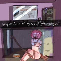 bondage breasts ddlc desk dog_girl doki_doki_literature_club english_text natsuki_(doki_doki_literature_club) petplay pink_eyes pink_hair riccicamori small_breasts text