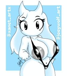 big_ass big_breasts big_nipples bikini black_bikini black_eyes breast_expansion breasts breasts_bigger_than_head chibi fanart fanart_from_twitter gray_nipples joeywolf_art joeywolf_art(artist) marshmallow massive_areolae massive_breasts nipples_visible_through_bikini nipples_visible_through_clothing no_mouth sling_bikini slingshot_bikini slingshot_swimsuit white_body white_fur white_hair white_skin