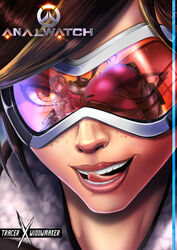 2girls ass bangs black_hair blizzard_entertainment blue_hair blue_skin bodysuit brown_eyes brown_hair eyewear face female firearm freckles from_behind goggles gun headgear high_ponytail human long_hair looking_back multiple_females overwatch pale_skin ponytail reflection rifle seductive_smile shadman smile swept_bangs tied_hair tongue tongue_out tracer weapon widowmaker yellow_eyes yuri