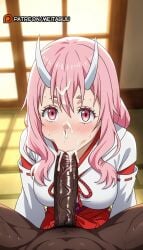1boy :>= ai_generated blush breasts cheek_bulge clothed_female_nude_male cum cum_in_mouth cum_in_nose cum_on_hair dark-skinned_male dark_skin erection facial fellatio female hair_between_eyes hakama horns indoors interracial japanese_clothes kimono large_breasts large_penis long_hair looking_at_viewer male_pubic_hair medium_breasts meitabuu miko nose_bubble nude oni oral patreon_logo patreon_username penis pink_eyes pink_hair pov pov_crotch pubic_hair red_hakama ribbon-trimmed_sleeves ribbon_trim shuna_(tensei_shitara_slime_datta_ken) solo_focus straight sweat tatami tensei_shitara_slime_datta_ken that_time_i_got_reincarnated_as_a_slime uncensored veins veiny_penis very_dark_skin watermark web_address white_horns white_kimono