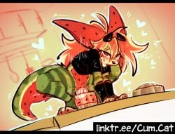 ambiguous_fluids anthro ass beverage blush bodily_fluids canid canine canis clothed clothing cum.cat digital_media_(artwork) dragon english_text female fennec_fox food fox fruit fur genital_fluids genitals hair hybrid juice_(beverage) mammal melon mythological_creature mythological_scalie mythology nude open_mouth penta_(cum.cat) plant pussy scalie simple_background smile solo tail text tongue true_fox watermelon