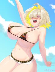 1girls bikini blonde_hair elegg_(nikke) female goddess_of_victory:_nikke hair_over_eyes huge_breasts nipples outdoors partially_visible_nipples purple_eyes strikingtulip swimsuit undersized_clothes