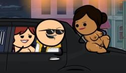 2girls arm_resting black_car black_eyes black_limbs boobs brown_areola brown_female brown_nipples car_interior city_background clouds cyanide_and_happiness dark_brown_hair edit edited_official_artwork female hair_bun japansadface male naked_females night outside pink_lipstick purple_lipstick pussy red_hair rich_man shades smirking stars white_female white_male white_shirt white_teeth