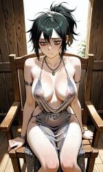 ai_assisted ai_generated armlet backless_outfit bare_legs bare_shoulders black_hair black_nails bracelet chair cocktail_dress green_eyes milf necklace renee_graves reneenjoyer silver_dress solo solo_female sweat sweating the_coffin_of_andy_and_leyley