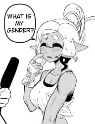 breasts cleavage closed_eyes english_text gloves greyscale inkling mechanic_(splatoon_raiders) microphone moodyrover nintendo pointy_ears splatoon splatoon_raiders tentacle_hair