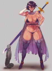 abs absurdres armor ass_visible_through_thighs bikini bikini_armor bilingual_commentary black_bikini black_choker black_hair boots breasts brown_eyes cape choker commentary dark-skinned_female dark_skin dildo english_commentary female highres huge_breasts huge_weapon looking_at_viewer mixed-language_commentary muscular muscular_female original paid_reward_available purple_boots sex_toy short_hair simple_background skindentation solo sweat swimsuit sword tan thick_thighs thigh_boots thighs uncensored wakura_(gcdan) weapon weapon_on_back white_background