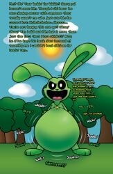 1boy 1girls anthro anthro_only big_belly big_ears bunny burp chicken female furry furry_only green_fur hoppy_hopscotch hoppy_hopscotch_(poppy_playtime) kickinchicken kickinchicken_(poppy_playtime) kicking male mob_entertainment poppy_playtime poppy_playtime_(chapter_3) rabbit same_size_vore smiling_critters struggling struggling_prey text vore vore_belly