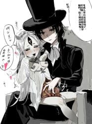 2girls arrodes_(lord_of_the_mysteries) black_gloves black_hair black_sclera blush breasts chair chinese_commentary chinese_text colored_sclera commentary_request disembowelment entrails ero_guro frilled_sleeves frills genderswap_(mtf) gloves grey_eyes guro hat heart heart-shaped_pupils highres intestines kikinotamai klein_moretti light_smile lord_of_the_mysteries multiple_girls open_mouth organs parted_bangs parted_lips partially_shaded_face pasties personification rule_63 simple_background small_breasts small_intestine smile speech_bubble symbol-shaped_pupils third_eye top_hat translation_request unworn_gloves white_background white_eyes white_hair wide_sleeves