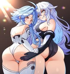 2girls ass backless_outfit bare_shoulders best_girl black_heart blanc blue_eyes blush breasts bubble_butt detached_sleeves dumptruck_ass embarrassed embarrassed_female female female_only goddess groping_ass hand_on_butt large_ass large_breasts light_blue_hair long_hair looking_at_viewer looking_back mrrollingcircle neptunia_(series) noire pale-skinned_female pale_skin power_symbol-shaped_pupils red_eyes short_hair sideboob spankable_ass thick_thighs white_hair white_heart_(neptunia) wide_hips