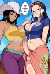 2girls ai_generated before_sex dark-skinned_female futanari imminent_sex large_penis nico_robin one_piece penis_on_stomach rudey_ai selfcest