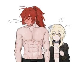 blonde_hair couple diluc_(genshin_impact) female genshin_impact hoyoverse loving_couple lumine_(genshin_impact) male red_eyes red_hair video_game video_game_character video_games