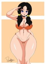 1girls belly big_breasts bikini black_hair blue_eyes blush bottom_heavy breasts chestnut_mouth cleavage cropped_legs curvaceous curvy curvy_female curvy_figure dark_blue_eyes dragon_ball dragon_ball_z fake_face female female_focus female_only front_view gesture gluteal_fold hair_tie horns horny hourglass_figure huge_breasts huge_thighs hyper_hips knees large_breasts limited_palette long_hair looking_at_viewer micro_panties navel_line open_mouth open_mouth orange_background orange_bikini orange_clothing orange_panties pigeon-toed plump salute seductive_smile shiny_skin side-tie_panties sidelocks signature slender_waist slim_waist solo stomach_lines string_bikini thick_thighs thigh_gap thighs thin_waist thunder_thighs tied_hair twintails vertical_navel videl voluptuous warm_colors wasp_waist wide_hips
