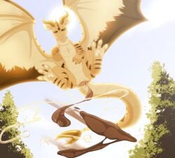 animal_genitalia blurred_character brown_body brown_horn brown_scales claws cloaca day dragon feces feces_smear female feral first_person_view flying genitals green_eyes hi_res horn lawkie looking_at_viewer looking_down looking_down_at_viewer membrane_(anatomy) membranous_wings mirah mischievous_smile mythological_creature mythological_scalie mythology narrowed_eyes plant pooping_on_viewer scales scalie scat scatplay sky smile solo spread_wings striped_body striped_scales stripes sun tail tan_body tan_scales teeth toe_claws tree urate white_body white_scales wings