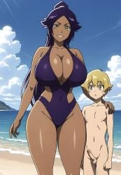 1boy1girl ai_generated ayyaai bigger_female bleach bleach:_the_thousand-year_blood_war blonde_hair cleavage couple dark-skinned_female happy_female huge_breasts interracial island light-skinned_male looking_at_viewer ocean perfect_body ponytail purple_hair shihouin_yoruichi size_difference small_penis smaller_male smile swimsuit vacation wide_hips yellow_eyes