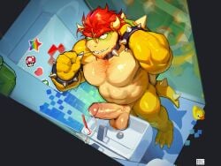 1-up_mushroom 1boy armlet artist_name balls bara bathroom beard belly biceps big_balls big_belly big_penis bowser bracelet brushing_teeth claws collar completely_nude dendryte_axxon english_commentary erect_penis erection facial_hair foreskin furry furry_male genitals green_skin highres horns jewelry koopa looking_at_viewer looking_up male male_focus mario_(series) muscles muscular muscular_male nintendo nude nude_anthro nude_male orange_hair pecs pectorals penis plump precum precum_string red_hair rubber_duck sink solo solo_anthro solo_focus solo_male spiked_armlet spiked_bracelet spiked_collar spiked_shell spiked_tail spikes spikes_(anatomy) sticker stickers super_mushroom tail testicles toothbrush uncircumcised veins veiny_penis yaoi yellow_body yellow_skin