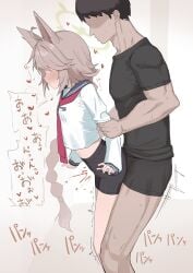 1boy absurdres animal_ears bike_shorts blue_archive blush brown_hair female fox_ears fox_girl green_halo halo heart highres long_braid long_sleeves makura_u9b otogi_(blue_archive) school_uniform sensei_(blue_archive) serafuku sex sex_from_behind simple_background speech_bubble spoken_heart