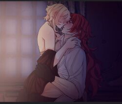 blonde_hair couple diluc_(genshin_impact) female genshin_impact hoyoverse loving_couple lumine_(genshin_impact) male red_eyes red_hair video_game video_game_character video_games