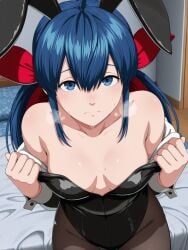 1girls ai_generated blue_eyes blue_hair bunny_costume bunny_ears bunnysuit clothed clothed_female fatal_fury fatal_fury:_city_of_the_wolves female garou:_mark_of_the_wolves hotaru_futaba king_of_fighters kof light-skinned_female light_skin looking_at_viewer snk straight sweat sweatdrop sweating tagme taking_clothes_off twintails