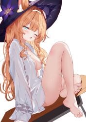 ahoge animal_ear_fluff animal_ears bare_legs barefoot blue_archive blue_eyes blush breasts feet female hairband hat highres long_hair long_sleeves looking_at_viewer mari_(blue_archive) muaa_(muamua231) naked_shirt no_bra one_eye_closed shirt sisterhood_(blue_archive) sitting sleeves_past_fingers sleeves_past_wrists soles solo star_(symbol) toes trinity_general_school_student very_long_hair white_shirt witch_hat